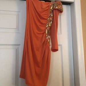 Peach embellished one shoulder mini dress